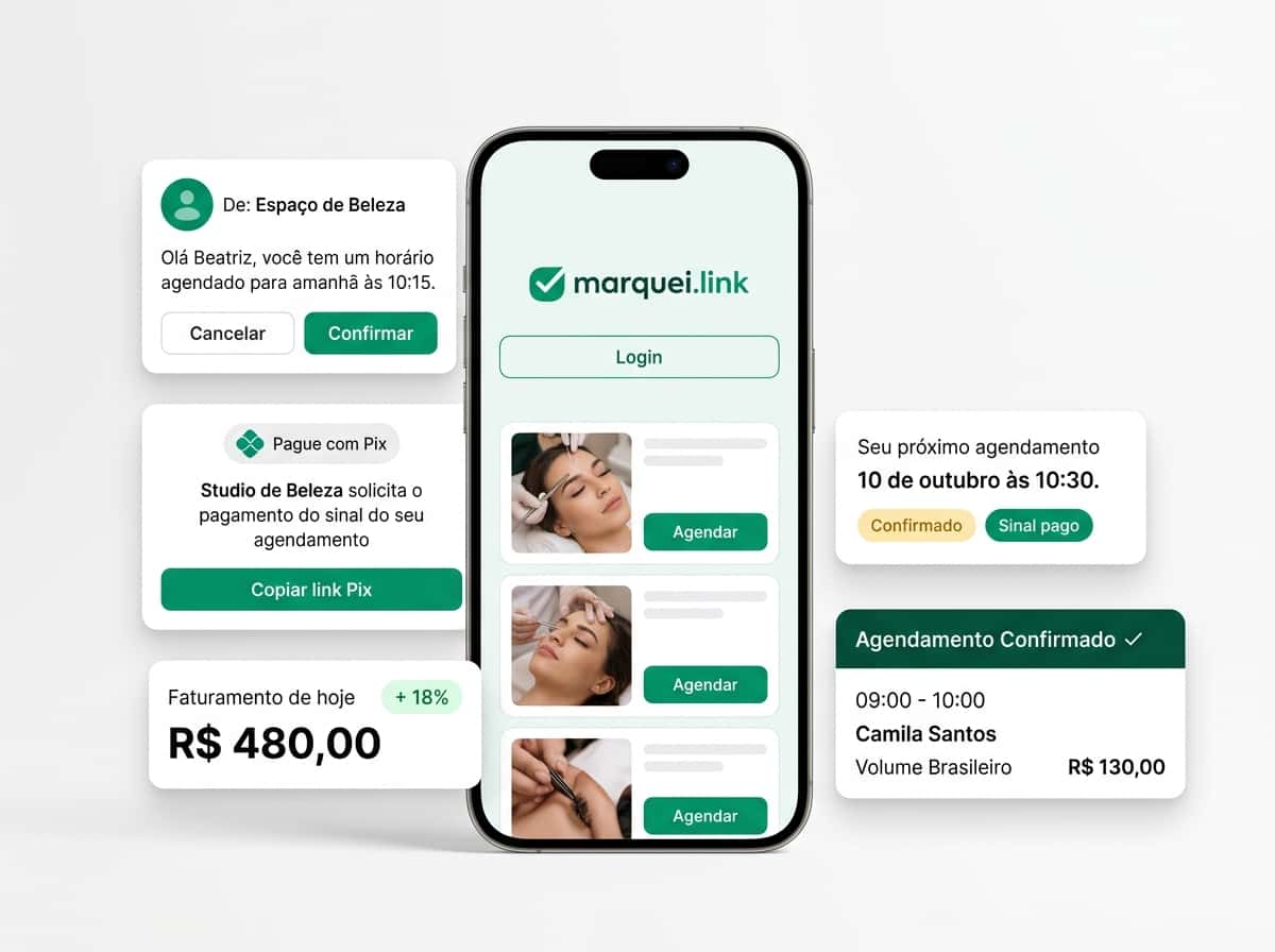 Marquei.link no celular com notificações flutuantes de agendamento e faturamento